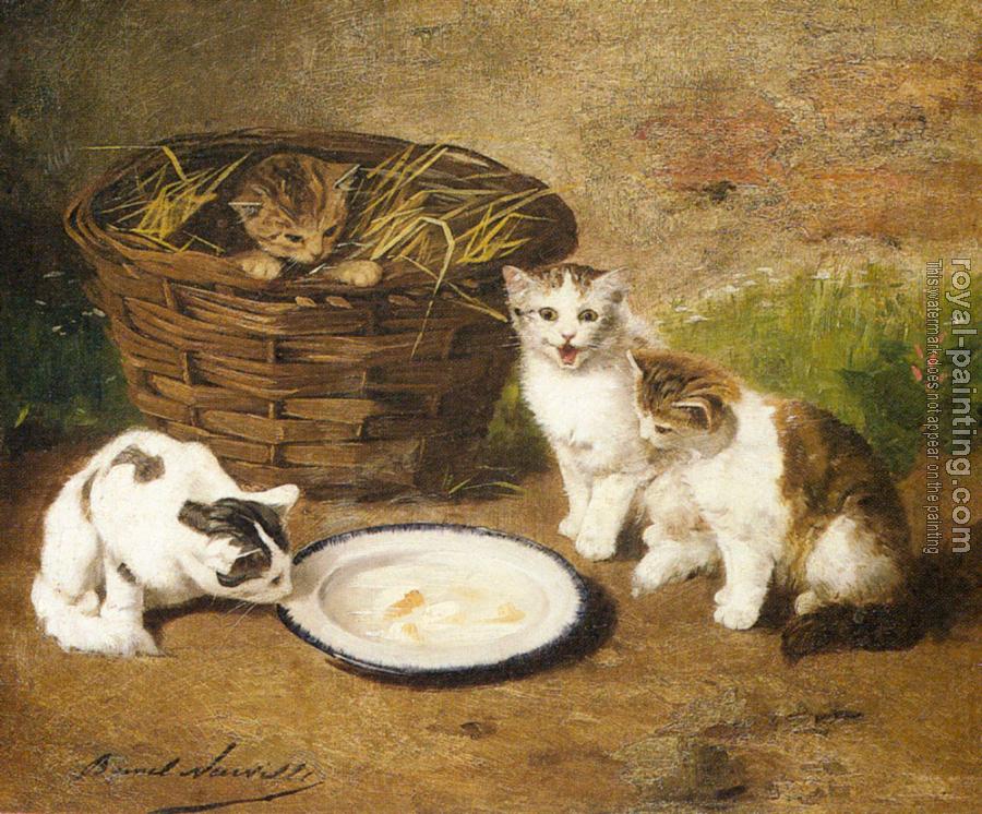 Alfred Arthur Brunel De Neuville : Kittens by a Bowl of Milk